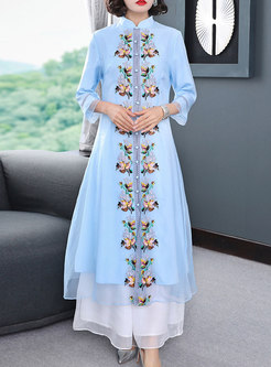 Stand Collar Embroidered Patchwork Maxi Dress