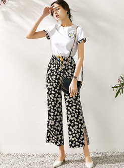 Crew Neck Floral Drawcord Pant Suits