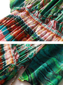 Drawcord V-neck Print Silk Skater Dress