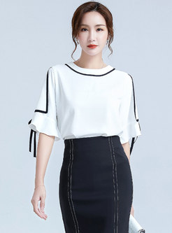 Flare Sleeve Tied Color Block Blouse