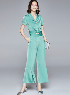 Wide Lapel Cropped Top & Slit Palazzo Pants