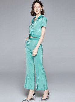 Wide Lapel Cropped Top & Slit Palazzo Pants