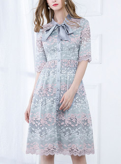 Lace Stand Collar Bowknot Skater Dress