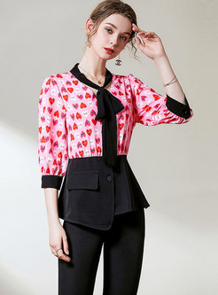 Print Patchwork Tie-collar Cropped Pant Suits