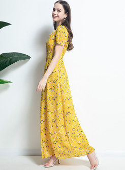 Floral Empire Waist Tied Slit Maxi Dress