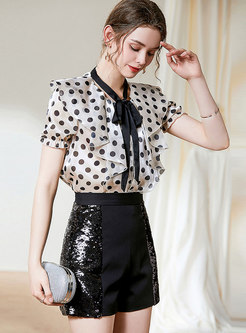 Polka Dot Bowknot Sequin Bodycon Skirt Suits