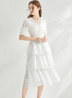 Lace Patchwork V-neck Layered Midi Dress