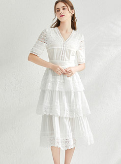 Lace Patchwork V-neck Layered Midi Dress