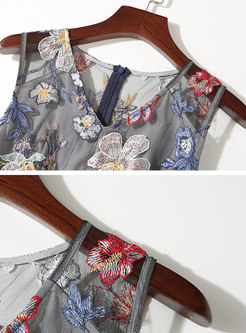 Embroidered V-neck Belted Skater Dress