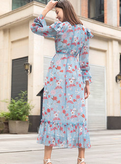 Bohemia Stand Collar Tied Floral Maxi Dress