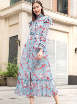 Bohemia Stand Collar Tied Floral Maxi Dress