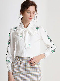 Stand Collar Bowknot Embroidered Blouse