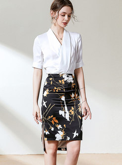 Cross V-neck Print Pencil Skirt Suits