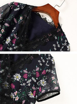 Lace Patchwork Floral V-neck Midi Dress
