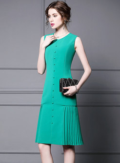 V-neck Button-front Sleeveless Pleated Dress