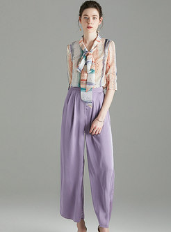 Print Scarf Collar Wide Leg Pant Suits