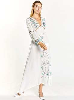 Embroidered V-neck Lantern Sleeve Beach Dress