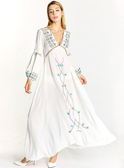Embroidered V-neck Lantern Sleeve Beach Dress