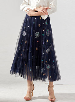 Mesh Embroidered High Waisted A-line Skirt