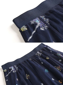 Mesh Embroidered High Waisted A-line Skirt