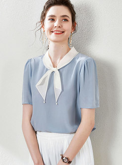 Stand Collar Short Sleeve Bowknot Blouse