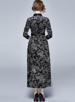 Vintage Print High Waisted Velvet Maxi Dress
