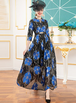 Jacquard Stand Collar Belted Maxi Dress