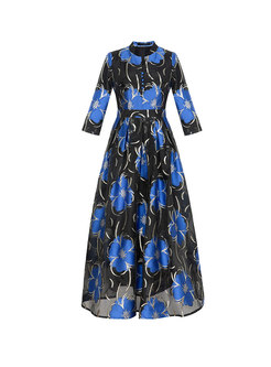 Jacquard Stand Collar Belted Maxi Dress