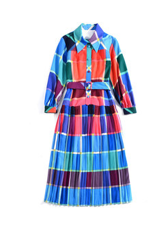 Color Block Plaid A Line Pleated Maxi Dress
