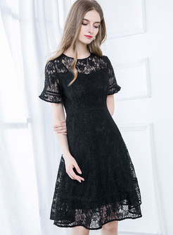 Flare Sleeve Openwork Lace Skater Dress
