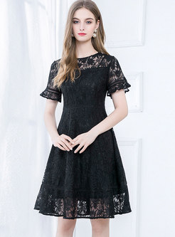 Flare Sleeve Openwork Lace Skater Dress