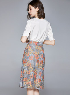 V-neck Lace Print Bodycon Suit Dress