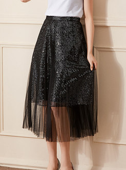 Mesh Patchwork Sequin Pleated A-line Skirt