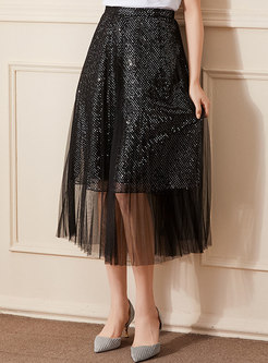 Mesh Patchwork Sequin Pleated A-line Skirt