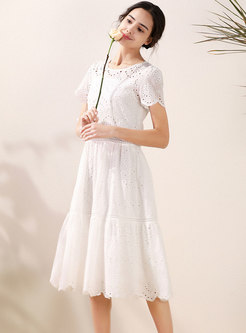 Embroidered Openwork Skater Dress With Camis