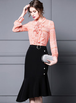 Print Ruffle Top & Asymmetric Peplum Skirt