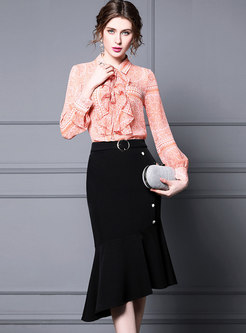 Print Ruffle Top & Asymmetric Peplum Skirt