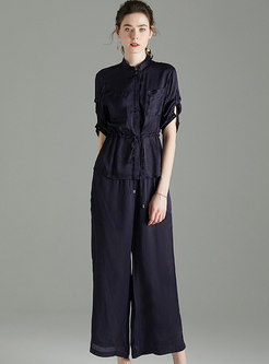 Drawcord Striped Stand Collar Pant Suits