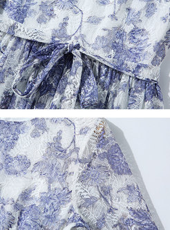 Lace Print Belted Slim Midi Dress