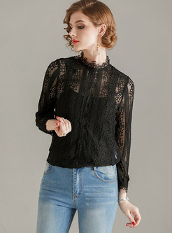 Stand Collar Openwork Lace Blouse With Camis