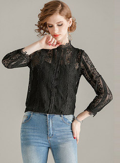 Stand Collar Openwork Lace Blouse With Camis