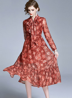 Lace Print Tie-collar Elastic Waist Midi Dress