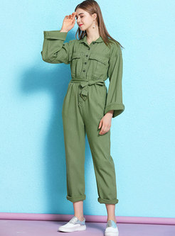 Army Green Lapel Belted Casual Jumpsuit