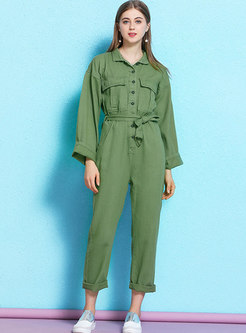 Army Green Lapel Belted Casual Jumpsuit