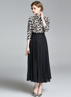 Lace Patchwork Stand Collar Pleated Maxi Dress