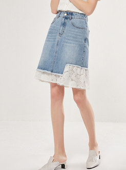 Lace Patchwork Denim Pencil Skirt