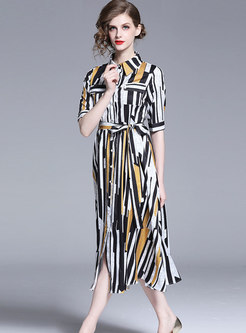 Striped Lapel Belted Midi Dress