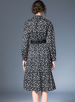 Floral Stand Collar Belted A-line Dress