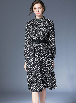 Floral Stand Collar Belted A-line Dress