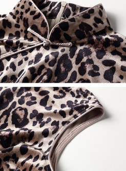 Stand Collar Leopard Sleeveless Bodycon Dress